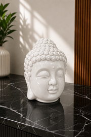 Glossy White Ceramic Buddha Head Decorative Showpiece